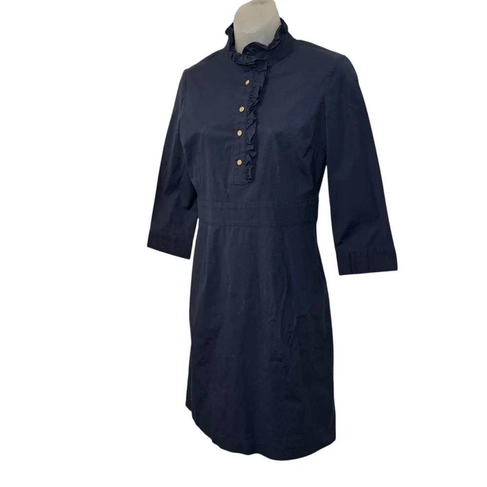 Tory Burch Navy Ruffle Shirt Dress Gold Buttons 3/4 Sleeve‎ Sz 4